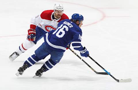 TORONTO, ON – MAY 27: Shea Weber #6 of the Montreal Canadiens covers Mitchell Marner #16 of the Toronto Maple Leafs . (Photo by Claus Andersen/Getty Images)