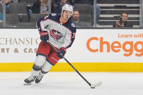 Apr 19, 2022; San Jose, California, USA; Columbus Blue Jackets center Cole Sillinger (34) during the second period against the San Jose Sharks at SAP Center at San Jose. Mandatory Credit: Stan Szeto-USA TODAY Sports