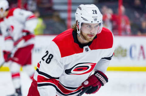 OTTAWA, ON – MARCH 24: Carolina Hurricanes Center Elias Lindholm (28) skates during warm-up before National Hockey League action between the Carolina Hurricanes and Ottawa Senators on March 24, 2018, at Canadian Tire Centre in Ottawa, ON, Canada. (Photo by Richard A. Whittaker/Icon Sportswire via Getty Images)