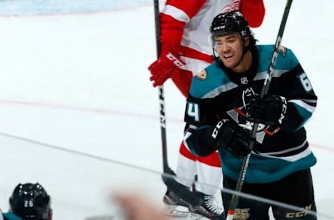 ANAHEIM, CA – OCTOBER 8: Kiefer Sherwood #64 of the Anaheim Ducks celebrates a second-period goal during the game against the Detroit Red Wings on October 8, 2018, at Honda Center in Anaheim, California. (Photo by Debora Robinson/NHLI via Getty Images)