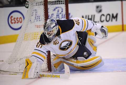 Sep 25, 2015; Toronto, Ontario, CAN; Buffalo Sabres goaltender Robin Lehner (40) in second period against Toronto Maple Leafs at Air Canada Centre. Mandatory Credit: Peter Llewellyn-USA TODAY Sports