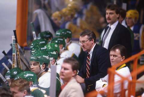 INGLEWOOD, CA – MARCH 7, 1988: Head Coach Herb Brooks of the Minnesota North Stars on March 7, 1988 1988 at the Great Western Forum in Inglewood, California. (Photo By Bernstein Associates/Getty Images)