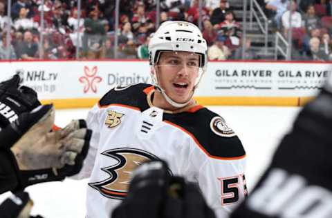 GLENDALE, AZ – OCTOBER 06: Max Comtois #53 of the Anaheim Ducks is congratulated by teammates after scoring a goal against the Arizona Coyotes during the second period at Gila River Arena on October 6, 2018, in Glendale, Arizona. (Photo by Norm Hall/NHLI via Getty Images)