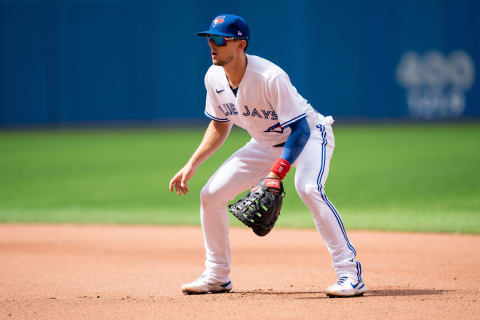 Aug 1, 2021; Toronto, Ontario, CAN; Toronto Blue Jays third baseman Cavan Biggio (8) looks on against the Kansas City Royals at Rogers Centre. Mandatory Credit: Kevin Sousa-USA TODAY Sports