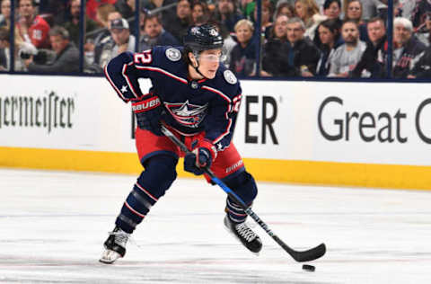 COLUMBUS, OH – APRIL 19: Sonny Milano #22 of the Columbus Blue Jackets skates against the Washington Capitals in Game Four of the Eastern Conference First Round during the 2018 NHL Stanley Cup Playoffs on April 19, 2018 at Nationwide Arena in Columbus, Ohio. (Photo by Jamie Sabau/NHLI via Getty Images) *** Local Caption *** Sonny Milano