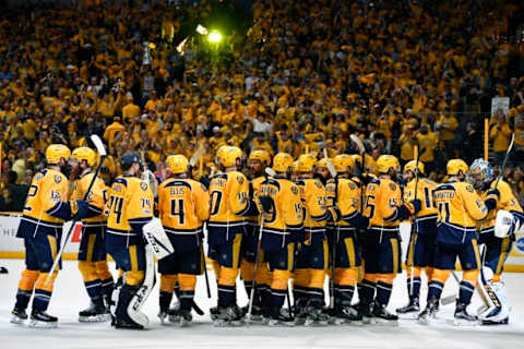 Jun 5, 2017; Nashville, TN, USA; The Nashville Predators celebrate defeating the Pittsburgh Penguins in game four of the 2017 Stanley Cup Final at Bridgestone Arena. Mandatory Credit: Christopher Hanewinckel-USA TODAY Sports