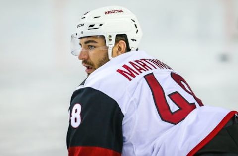 Oct 5, 2016; Calgary, Alberta, CAN; Arizona Coyotes left wing Jordan Martinook (48) before the game during a preseason hockey game between the Calgary Flames and the Arizona Coyotes at Scotiabank Saddledome. Mandatory Credit: Sergei Belski-USA TODAY Sports