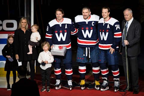 Nicklas Backstrom, Alex Ovechkin, John Carlson, Brian MacLellan, Washington Capitals (Photo by Scott Taetsch/Getty Images)