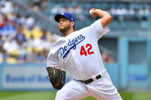 LOS ANGELES, CA – APRIL 15: Los Angeles Dodgers Starting pitcher Clayton Kershaw throws a pitch during a MLB game celebrating Jackie Robinson Day between the Arizona Diamondbacks and the Los Angeles Dodgers on April 15, 2018 at Dodger Stadium in Los Angeles, CA. (Photo by Brian Rothmuller/Icon Sportswire via Getty Images)