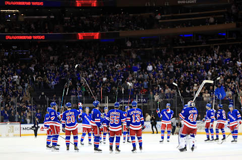 Apr 29, 2022; New York, New York, USA; The New York Rangers salute their fans after a 3-2 win against the Washington Capitals at Madison Square Garden. Mandatory Credit: Danny Wild-USA TODAY Sports