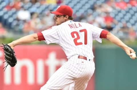 Jul 18, 2016; Philadelphia, PA, USA; Philadelphia Phillies starting pitcher Nola (27) throws a pitch against the Miami Marlins at Citizens Bank Park. Mandatory Credit: Eric Hartline-USA TODAY Sports