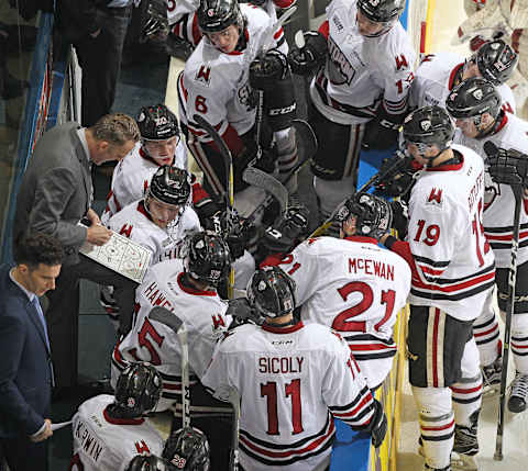 LONDON, ON – MARCH 9: Head coach Jarrod Skalde of the Guelph Storm goes over a play during a timeout against the London Knights in an OHL game at Budweiser Gardens on March 9, 2017 in London, Ontario, Canada. The Knights defeated the Storm 8-2. (Photo by Claus Andersen/Getty Images)