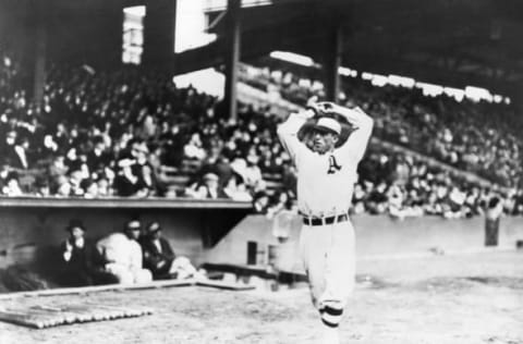 PHILADELPHIA – OCTOBER 10, 1914. Eddie Plank, starting pitcher for the Philadelphia Athletics, warms up in Shibe Park before game two of the 1914 World Series vs. the Boston Braves on October 10. (Photo by Mark Rucker/Transcendental Graphics, Getty Images)