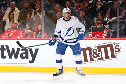 NEWARK, NJ – FEBRUARY 15: Erik Cernak #81 of the Tampa Bay Lightning skates against the New Jersey Devils on February 15, 2022 at the Prudential Center in Newark, New Jersey. (Photo by Rich Graessle/Getty Images)