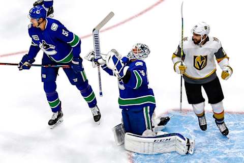 Jacob Markstrom #25 of the Vancouver Canucks reacts after allowing goal (Photo by Bruce Bennett/Getty Images)