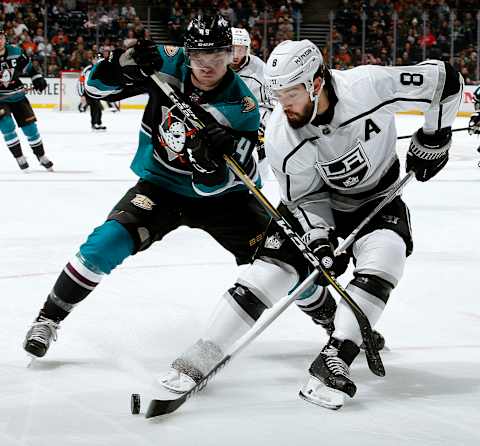 ANAHEIM, CA – MARCH 10: Drew Doughty #8 of the Los Angeles Kings battles for the puck against Max Jones #49 of the Anaheim Ducks during the game on March 10, 2019 at Honda Center in Anaheim, California. (Photo by Debora Robinson/NHLI via Getty Images)