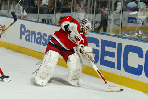 2003 Season: Player Arturs Irbe of the Carolina Hurricanes. (Photo by Bruce Bennett Studios/Getty Images)