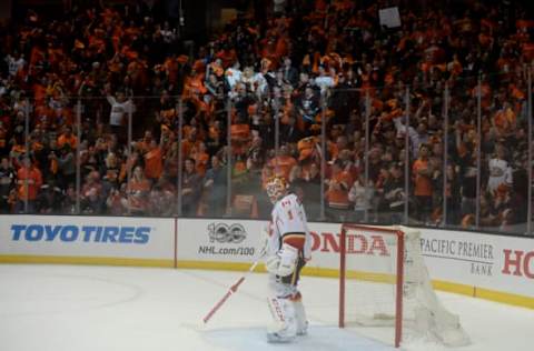 Apr 13, 2017; Anaheim, CA, USA; Calgary Flames goalie Brian Elliott (1) reacts after allowing a goal scored by Anaheim Ducks left wing Jakob Silfverberg (33) during the second period in game one of the first round of the 2017 Stanley Cup Playoffs at Honda Center. Mandatory Credit: Gary A. Vasquez-USA TODAY Sports