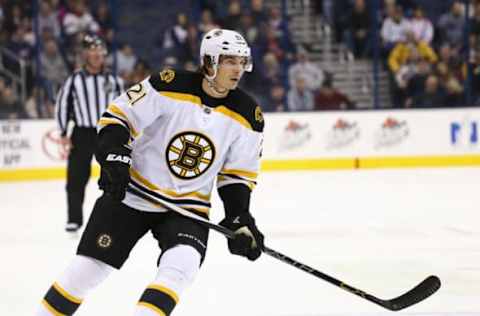 Feb 16, 2016; Columbus, OH, USA; Boston Bruins left wing Loui Eriksson (21) against the Columbus Blue Jackets at Nationwide Arena. The Bruins won 2-1 in overtime. Mandatory Credit: Aaron Doster-USA TODAY Sports