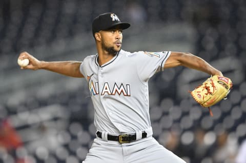 WASHINGTON, DC – SEPTEMBER 24: Sandy Alcantara #22 of the Miami Marlins pitches against the Washington Nationals at Nationals Park on September 24, 2018 in Washington, DC. (Photo by G Fiume/Getty Images)