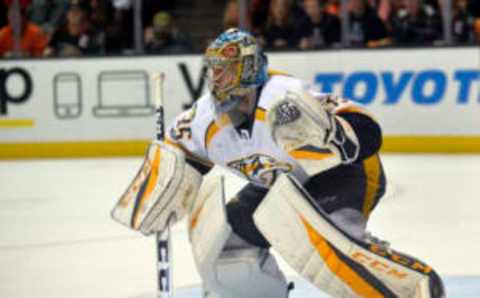 Nashville Predators goalie Pekka Rinne (35) defends the goal (Gary A. Vasquez-USA TODAY Sports)