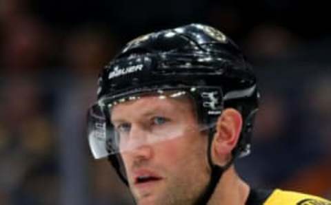 BOSTON, MASSACHUSETTS – SEPTEMBER 25: David Backes #42 of the Boston Bruins looks on during the second period of the preseason game between the New Jersey Devils and the Boston Bruins at TD Garden on September 25, 2019 in Boston, Massachusetts. (Photo by Maddie Meyer/Getty Images)