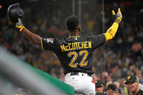 ITTSBURGH, PA – SEPTEMBER 26: Andrew McCutchen #22 of the Pittsburgh Pirates acknowledges the fans with a curtain call after hitting a grand slam home run in the second inning during the game against the Baltimore Orioles at PNC Park on September 26, 2017 in Pittsburgh, Pennsylvania. The grand slam home run was the first of McCutchen’s career. (Photo by Justin Berl/Getty Images)