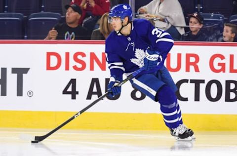 LAVAL, QC – SEPTEMBER 08: Toronto Maple Leafs Prospect Defenseman Timothy Liljegren (37) gains control of the puck during the Toronto Maple Leafs versus the Ottawa Senators Rookie Showdown game on September 8, 2018, at Place Bell in Laval, QC (Photo by David Kirouac/Icon Sportswire via Getty Images)