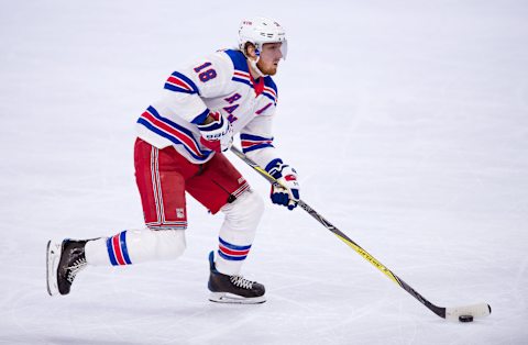 PHILADELPHIA, PA – APRIL 07: New York Rangers Defenceman Marc Staal (18) carries the puck in the first period during the game between the New York Rangers and Philadelphia Flyers on April 07, 2018 at Wells Fargo Center in Philadelphia, PA. (Photo by Kyle Ross/Icon Sportswire via Getty Images)