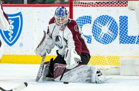 Dec 20, 2016; Saint Paul, MN, USA; Colorado Avalanche goalie Semyon Varlamov (1) makes a save during the third period against the Minnesota Wild at Xcel Energy Center. The Wild defeated the Avalanche 2-0. Mandatory Credit: Brace Hemmelgarn-USA TODAY Sports