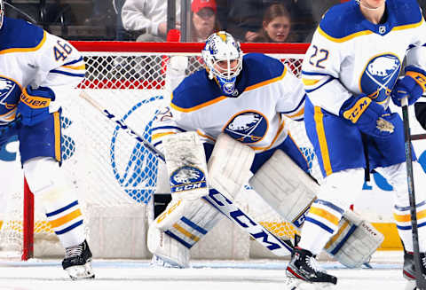 NEWARK, NEW JERSEY – APRIL 11: Devon Levi #27 of the Buffalo Sabres against the New Jersey Devils at the Prudential Center on April 11, 2023 in Newark, New Jersey. (Photo by Bruce Bennett/Getty Images)