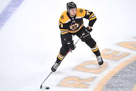 BOSTON, MA – MAY 04: Boston Bruins defenseman Charlie McAvoy (73) looks up ice for an open teammate to receive the puck. During Game 5 in the Second round of the Stanley Cup playoffs featuring the Boston Bruins against the Columbus Blue Jackets on May 04, 2019 at TD Garden in Boston, MA. (Photo by Michael Tureski/Icon Sportswire via Getty Images)