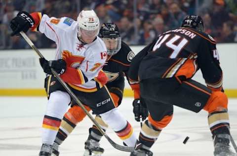 Mar 30, 2016; Anaheim, CA, USA; Calgary Flames left wing Micheal Ferland (79), Anaheim Ducks right wing Chris Stewart (29) and center Nate Thompson (44) go for the puck in the third period of the game at Honda Center. Ducks won 8-3. Mandatory Credit: Jayne Kamin-Oncea-USA TODAY Sports