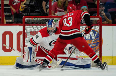 RALEIGH, NC – JUNE 30: Carolina Hurricanes David Cotton (83) scores the game winner on Carolina Hurricanes Jake Kucharski (40) during the shootout in the Canes Prospect Game at the PNC Arena in Raleigh, NC on June 30, 2018. (Photo by Greg Thompson/Icon Sportswire via Getty Images)