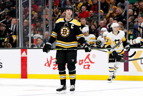 BOSTON, MA – NOVEMBER 04: Boston Bruins left defenseman Zdeno Chara (33) wistfully reacts to a missed opportunity during a game between the Boston Bruins and the Pittsburgh Penguins on November 4, 2019, at TD Garden in Boston, Massachusetts. (Photo by Fred Kfoury III/Icon Sportswire via Getty Images)