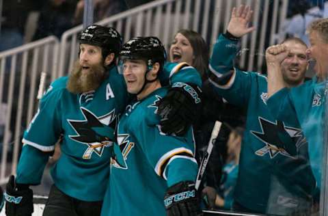 Vegas Golden Knights: San Jose Sharks left wing Patrick Marleau (12) celebrates with center Joe Thornton (19) after scoring a goal against the Chicago Blackhawks in the second period at SAP Center at San Jose. Mandatory Credit: John Hefti-USA TODAY Sports