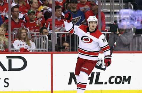 WASHINGTON, DC – APRIL 24: Sebastian Aho #20 of the Carolina Hurricanes celebrates his short-handed goal at 9:51 of the second period against the Carolina Hurricanes in Game Seven of the Eastern Conference First Round during the 2019 NHL Stanley Cup Playoffs at the Capital One Arena on April 24, 2019 in Washington, DC. (Photo by Patrick Smith/Getty Images)