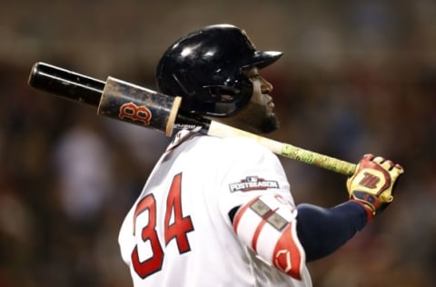 Oct 10, 2016; Boston, MA, USA; Boston Red Sox designated hitter David Ortiz (34) stands on deck in the eighth inning against the Cleveland Indians during game three of the 2016 ALDS playoff baseball series at Fenway Park. Mandatory Credit: Greg M. Cooper-USA TODAY Sports