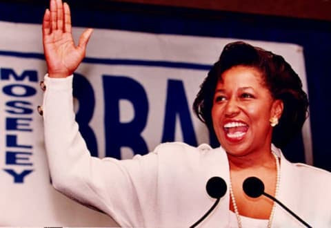 Carol Moseley Braun celebrates her 1992 victory.