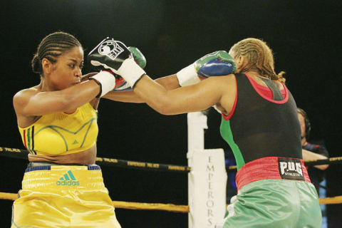 Lalia Ali faces off against Gwendolyn O'Neil of Guyana during the 2007 WBC/WIBA Super Middleweight World Title in Johannesburg, South Africa.