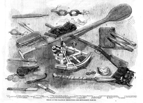 The Illustrated London News depicted some of the Franklin Expedition relics found on King William Island, including a copy of the novel The Vicar of Wakefield (No. 5) and Sir John Franklin's chronometer (No. 8).