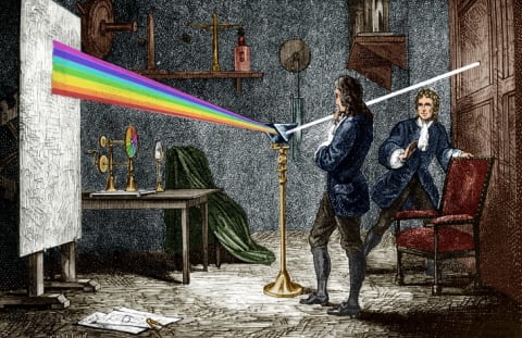 Isaac Newton dispersing light with a glass prism.