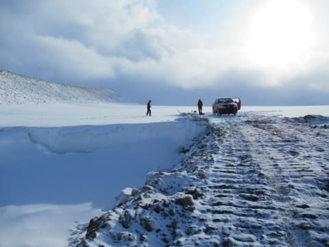 We drove the red pickup truck with all of the monitoring gear right on to the Greenland ice sheet.