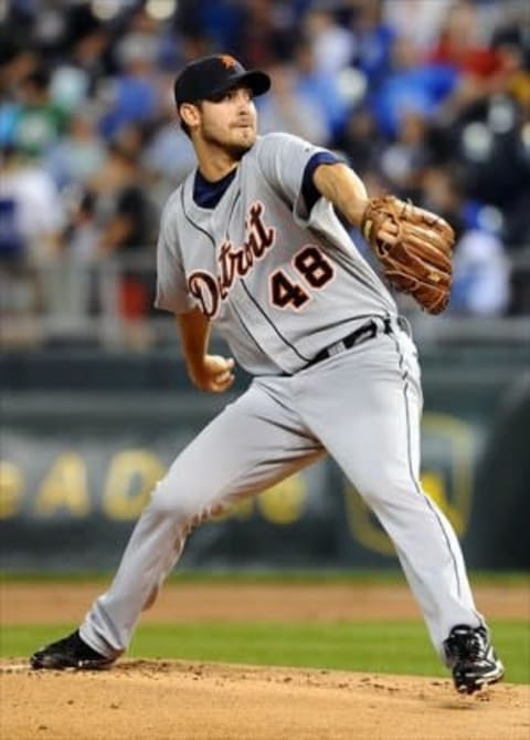 Oct 1, 2012; Kansas City, MO, USA; Detroit Tigers starting pitcher Rick Porcello (48) delivers a pitch in the first inning against the Kansas City Royals at Kauffman Stadium. Mandatory Credit: John Rieger-USA TODAY Sports