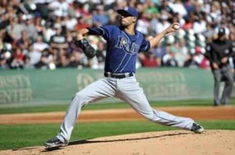 Sep 30, 2012; Chicago, IL, USA; Tampa Bay Rays starting pitcher David Price (14) delivers a pitch against the Chicago White Sox during the first inning at U.S. Cellular Field. Mandatory Credit: Rob Grabowski-USA TODAY Sports