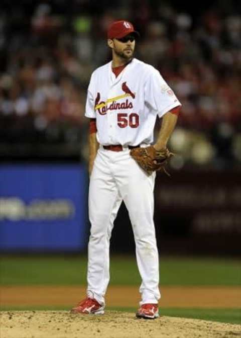 Oct 18, 2012; St. Louis, MO, USA; St. Louis Cardinals starting pitcher Adam Wainwright (50) waits for a sign during game four of the 2012 NLCS against the San Francisco Giants at Busch Stadium. Mandatory Credit: Jeff Curry-USA TODAY Sports