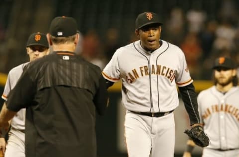 May 12, 2016; Phoenix, AZ, USA; San Francisco Giants relief pitcher Santiago Casilla (46) reacts after getting pulled out of the game in the ninth inning against the Arizona Diamondbacks at Chase Field. Mandatory Credit: Rick Scuteri-USA TODAY Sports