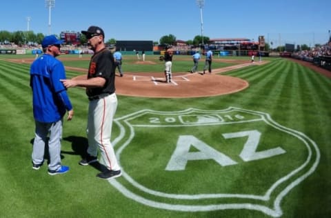 Mar 25, 2016; Scottsdale, AZ, USA; San Francisco Giants manager Bruce Bochy (15) talks with Kansas City Royals manager Ned Yost (3) prior to the game at Scottsdale Stadium. Mandatory Credit: Matt Kartozian-USA TODAY Sports