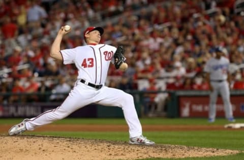 Oct 7, 2016; Washington, DC, USA; Washington Nationals relief pitcher Mark Melancon (43) pitches against the Los Angeles Dodgers in the ninth inning during game one of the 2016 NLDS playoff baseball series at Nationals Park. Mandatory Credit: Geoff Burke-USA TODAY Sports