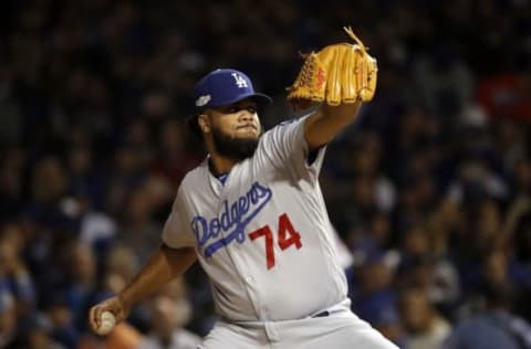 Oct 22, 2016; Chicago, IL, USA; Los Angeles Dodgers relief pitcher Kenley Jansen (74) throws against the Chicago Cubs during the sixth inning of game six of the 2016 NLCS playoff baseball series at Wrigley Field. Mandatory Credit: Jon Durr-USA TODAY Sports